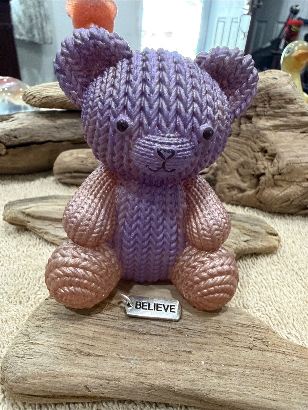 Lavender and Peach 'Believe' Knit Bear Accent by